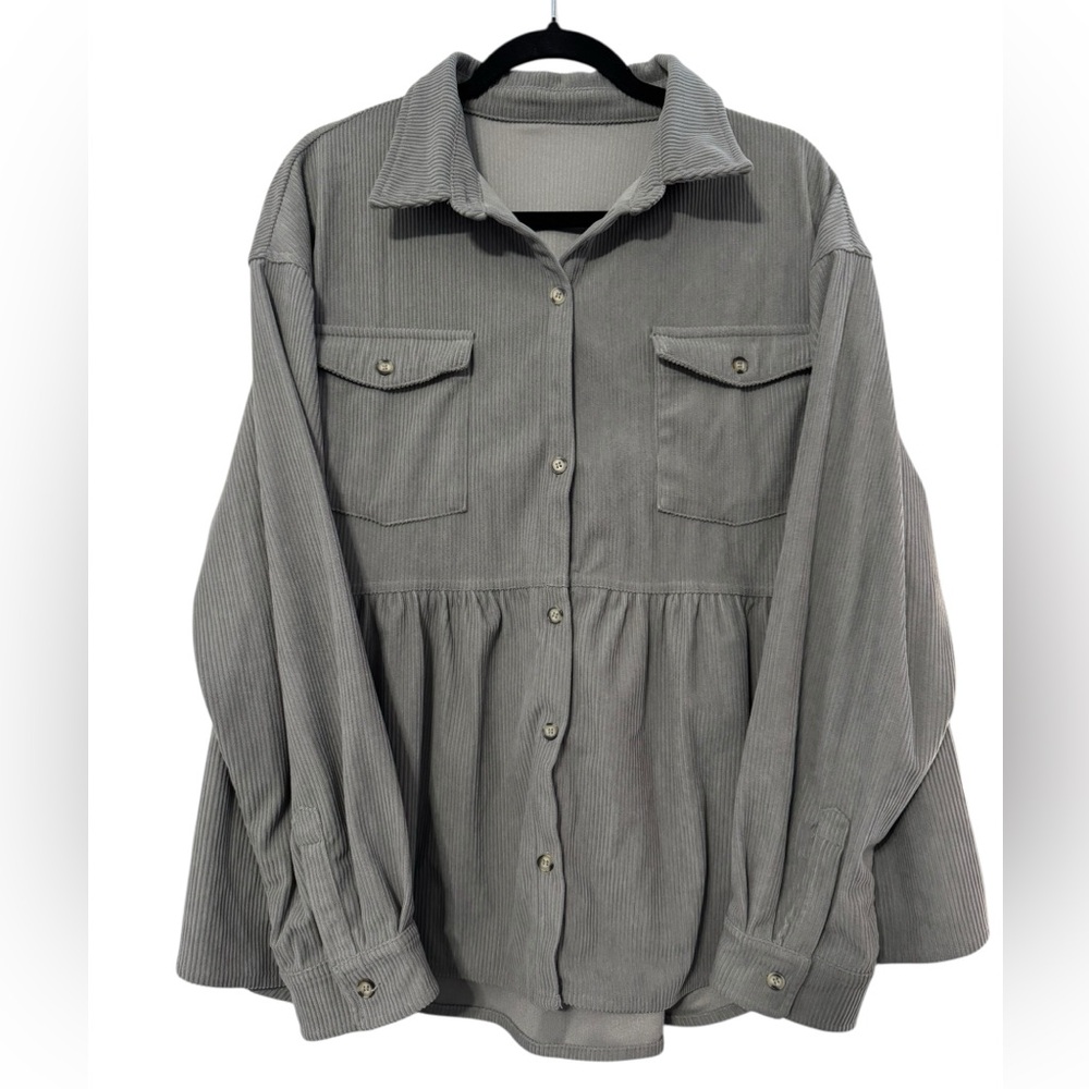 Women's Corduroy Shirt Cute Ruffle Babydoll Tunic Tops Button Down Long Sleeve